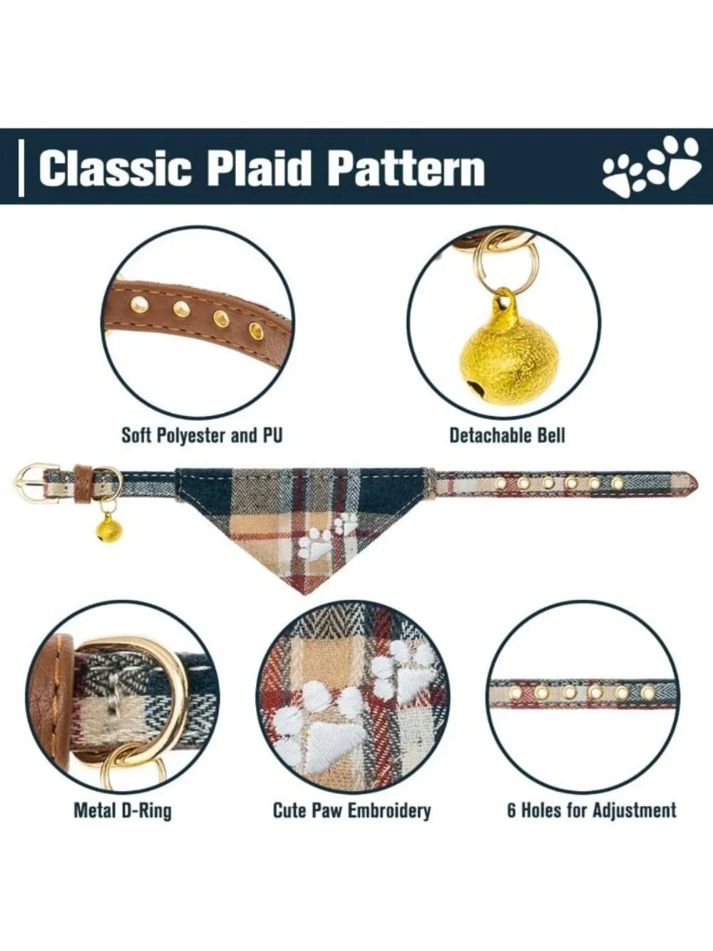 Plaid Puppy Collar & Leash Set with Bow Tie, Bandana & Bell - Khaki Dog